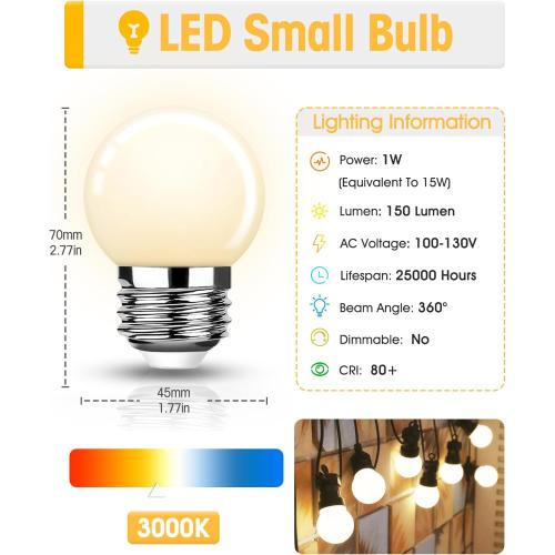 G14 LED Low Watt Light Bulbs, 15W Equivalent Small Globe Light Bulbs, 1W Soft White 3000K Small Night Light Bulbs for String Lights, Window Candle, Table Lamp, E26 Base, Non-dimmable, 6 Pack