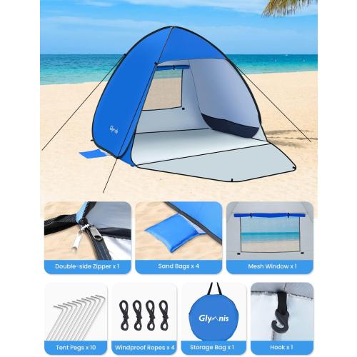 Blue Large Size Glymnis Pop Up Beach Tent Beach Shade Tent for 1-4 Persons Sun Shelter UPF 50  Enclose Zipper Door Portable Easy Up Beach Tent
