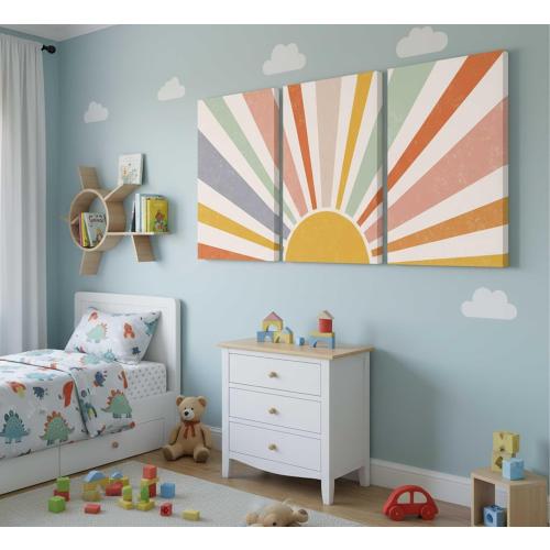 3 Pieces Nursery Boho Canvas Wall Art Rainbow Sun Rising on the Horizon Geometric Nature Illustration Line Pictures Wall Decor Posters Prints for Toddler Kids Room Home Decoration