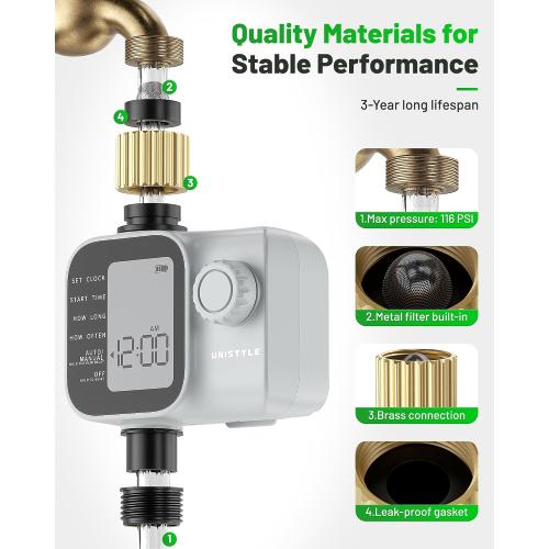 [All-New 2027] Sprinkler Timer with Brass Inlet, Unistyle Programmable Water Timer for Garden Hose, IP55 Waterproof Hose Timers with Manual and Automatic Irrigation Timers Yard Lawn Patio Heavy Duty