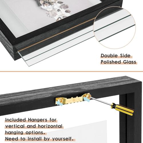 MUYE 10x10 Floating Frames Set of 2,Double Glass Picture Frame Display Any Size Photo up to 10x10,Wall Mount or Tabletop Standing,Black