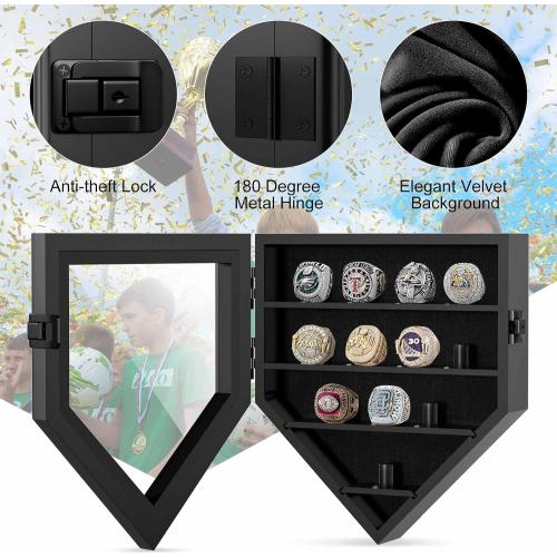 Championship Ring Display Case, 12 Posts Baseball Ring Holder, Lockable Wall Mount Wooden Shadow Box for Multiple Championship Rings