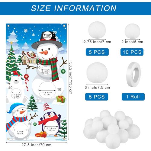 Elcoho 22 Pieces Snow Toss Games Banner Snow Toy Ball Set Winter Toss Cornhole Games Banner with Snow Toss Balls and Drawstring Bag for Xmas Indoor Outdoor Throwing Games Party Supplies