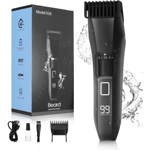 Beard Trimmer for Men, 20 Length Adjustable, Cordless Waterproof Clippers, Stainless Steel T-Blade for Precision Facial Hair Trimming with 2 Guide Combs, Travel Lock, LED Display