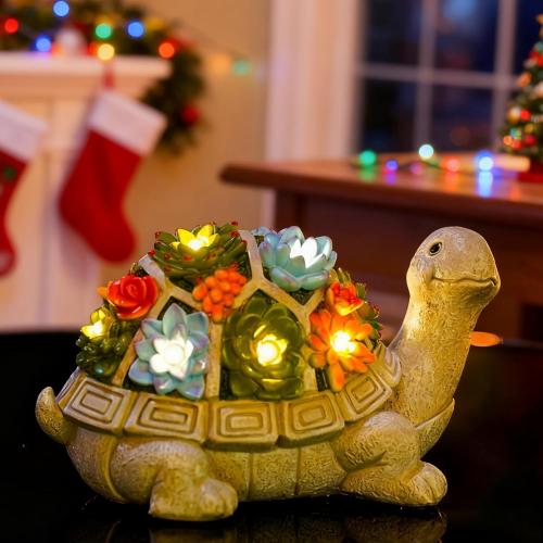 Nacome Solar Garden Outdoor Statues Turtle with Succulent and 7 LED Lights - Lawn Decor Tortoise Statue for Patio, Balcony, Yard Ornament - Unique Housewarming Gifts