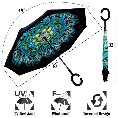 Inverted Umbrella, Windproof Reverse Umbrellas for Rain with Reversible Inside-Out Design Large Upside Down Umbrella for Women & Men with C-shaped Handle (Peacock)