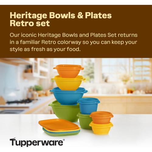 Tupperware Heritage Retro Collection, Bowls & Plates, 20 Piece Food Storage Container Set in Retro Colors, Dishwasher Safe and BPA Free