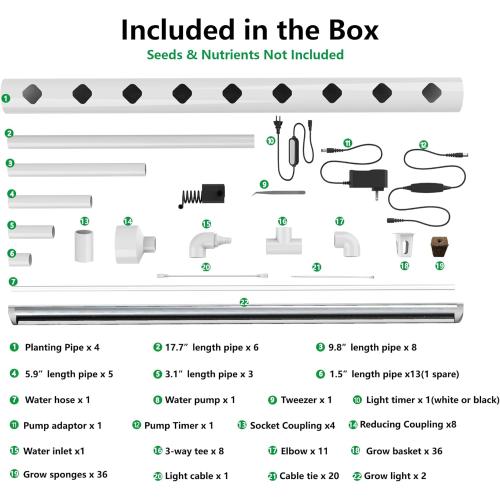 NFT Hydroponic Growing System Kit - Full-Spectrum Grow Lights ＆ Timer | 36 Plant Sites | Food-Grade PVC-U Pipes | Auto Water Pump & Timer | Indoor Gardening for Leafy Greens, Lettuce & Herbs