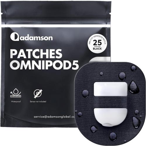 Adamson Omnipod 5 Overpatches – 25 Waterproof Omnipod 5 Adhesive Patches, Sweatproof & Skin-Friendly, No Glue on Center, Easy to Apply & Remove, Secure Hold for Active Lifestyles – Black