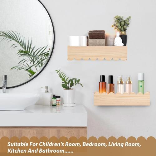 Wood Floating Shelves for Wall ,Nursery Bookshelf,Kids Book Shelf ,Baby Toys Storage Decor Organizer Wall Mounted for Living Room Bedroom,Wavy Edge,Preassembled,2 Pack,Scalloped Pine(Natural Wood)