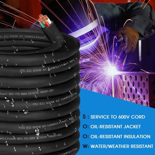 12/4 12 Gauge SOOW Wire 12 AWG SOOW Portable Power Cable 600V 4 Conductor 12/4 12 Gauge Extension Cord Electric Wire for Motor Lead,Generator,Welder,NEMA 14-20 RV Outlet Box,Car Battery Charger
