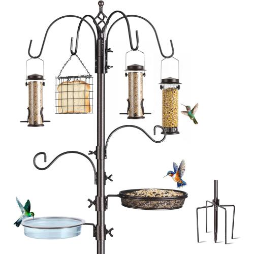 Bird Feeding Station Kit, 94 Inch Metal Birds Feeder Stand Pole with 6-Hook, Bird Bath and Mesh Tray, 5-Prong Base