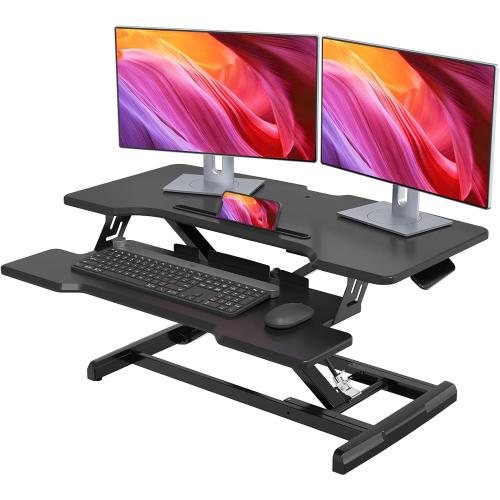 Standing Desk Converter 32 inch, Height Adjustable Sit Stand Desk Riser, Quick Sit to Stand Tabletop Dual Monitor Riser Workstation for Home Office with Keyboard Tray, Black