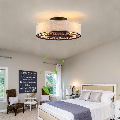 20 Boho Rattan Caged Ceiling Fan with Light,Low Profile Flush Mount Bladeless Ceiling Fan with Remote Control, 6 Speeds Reversible Silent Motor, Farmhouse Fabric Fandalier for Bedroom,Living Room