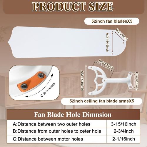 Yaocom 5 Sets 52 Inch Ceiling Fan Replacement Blades and Blade Arms, 5 Replacement Fan Blades and 5 Blade Arms with Mounting Hardware for Bedroom Patio Living Room