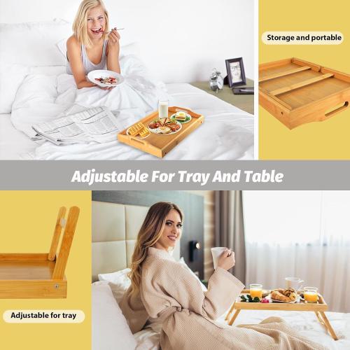MorTime Bed Tray Table with Folding Legs, Bamboo Breakfast Tray with Handles for Bed, Sofa, Eating, Working, Foldable Laptop Desk Food Snack Tray Serving Tray