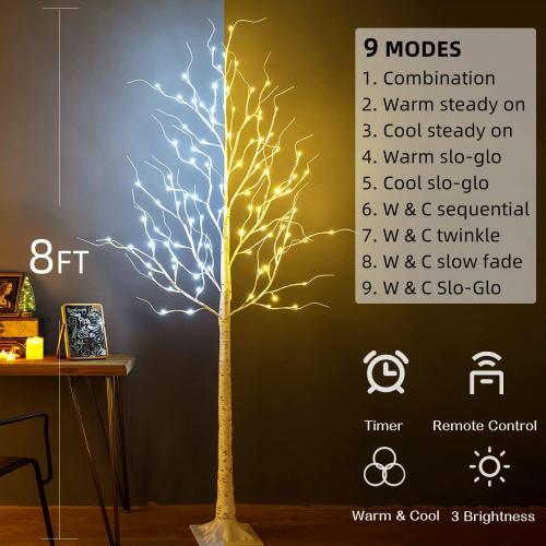Lighted Birch Tree, 8ft 136LED Birch Tree Lights,Large Artificial Twig Tree Light 9Modes Timer for Indoor Outdoor Thanksgiving Tree Christmas Home Party Wedding Decor,Warm & Cool White