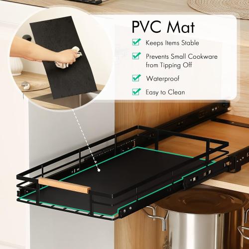 KES Pull Out Cabinet Organizer, 12 Wide Kitchen Bathroom Cabinet Drawer Heavy Duty Under Cabinet Slide Out Organizer Storage Shelves, Wooden Handle with Soft Close Black, KPO501W30D53-BK