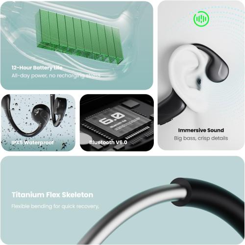 Bone Conduction Headphones,Bluetooth V6.0 Open Ear Headphones with Mic,Bone Conduction Earbuds 12Hrs Playtime,IPX5 Waterproof Sport Headphone for Running