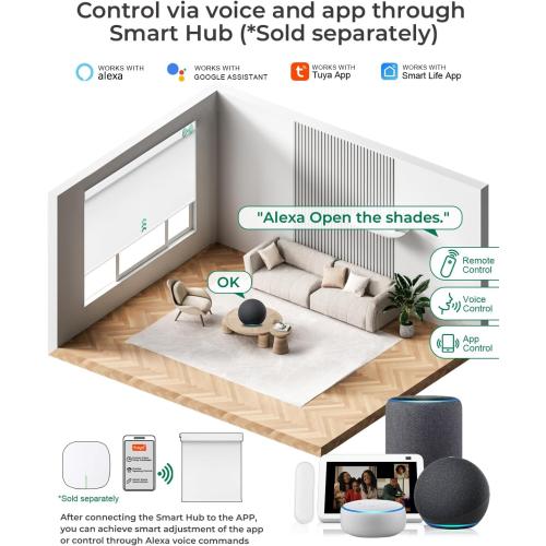 Allesin No Drill Motorized Blinds with Remote | Rechargeable Smart Blackout Roller Shades, Cordless Electric Window Blinds for Bedroom, Living Room, Home Office, White 34x72 Inches
