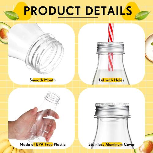 Yinkin 8 oz Clear Plastic Containers Plastic Milk Bottles Red White | 20 Set, with Straws, Metal Lids, for Dairy Milk, Party Bottle, for Juices, Shakes, Smoothies