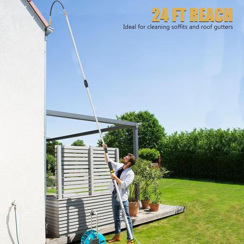 Gutter Cleaning Tools from The Ground, 16FT (24FT Reach) Telescoping Gutter Cleaner Wand with Adjustable Water Flow, Rain Gutters Cleaning Tool for Leaves and Debris, Fits Standard Garden Hoses