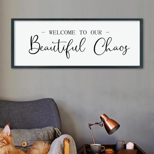 LuZhiQiang Welcome To Our Beautiful Chaos Sign Wall Decor 40×15 for Home Living Room Entryway Bedroom Large Wood Framed Wall Hanging Art (Black)