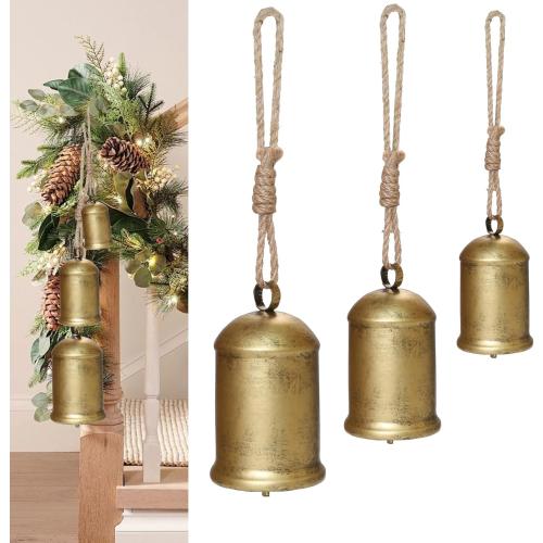 Set of 3 Christmas Bells for Decoration, 2.4in-2.7in-3.3in Cow Bells with Jute Hanging Rope, Metal Vintage Hanging Bells for Christmas Decor Wreath Garland Tree Doors Windows Rustic Home