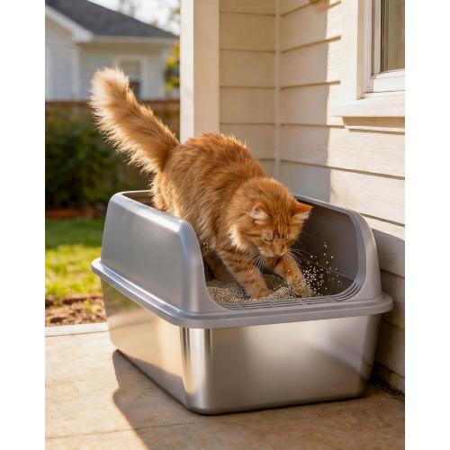 Powools Stainless Steel Cat Litter Box, High-Sided, Grey, XL (1 Pack) | Metal Litter Box with Scoop, Anti-Leakage Top Entry, Non-Sticky, Easy to Clean, 6-Inch Splash-Proof Deep Pan