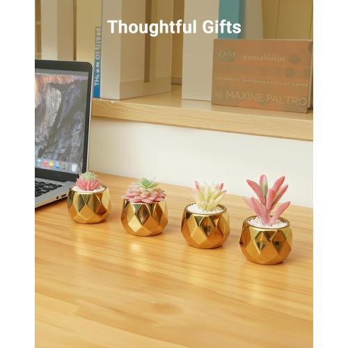 VIVERIE Mini Succulents Plants Artificial in Pots-Pink with Golden Ceramic, Christmas Small Fake Succulents Plants for Home Decor Indoor Christmas Decor for Women, Set of 4, Gifts for Mom