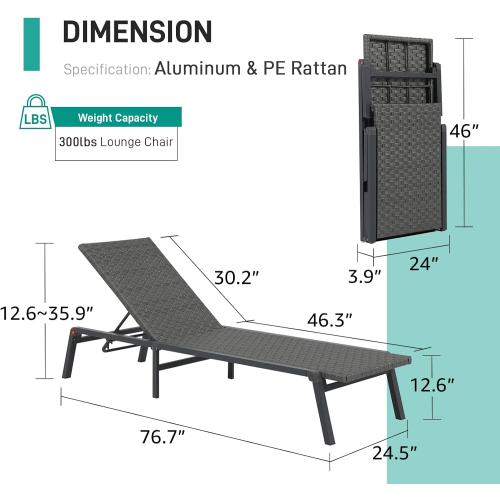 Patiorama Patio Chaise Lounge Set of 1 Aluminum Outdoor Folding Lounge Chair, All-Weather PE Rattan Wicker Adjustable Reclining Lounge Chair for Outside,Portable Sun Lounger for Beach Lawn Pool-Grey