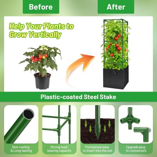 Legigo 4 Pack Tomato Cages with 17 Gallon Grow Bags- 47 Inch Square Tomato Cages for Garden, Heavy-Duty Tomato Stakes Plant Support Cages Trellis for Garden Vertical Climbing Plants Vegetables