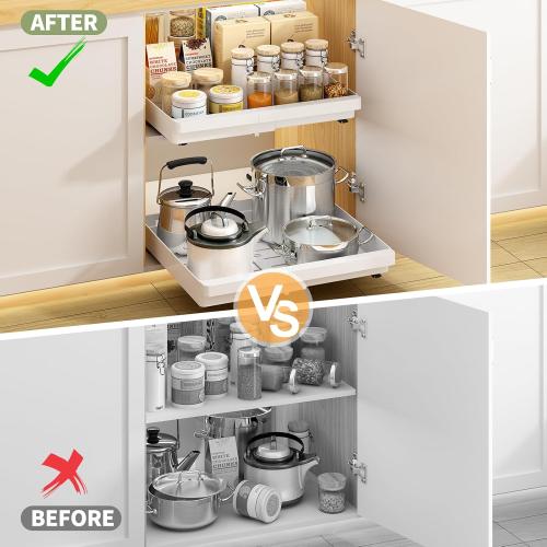 2 Pack Pull Out Cabinet Organizers Expandable, Slide Out Drawers for Kitchen, Bathroom, Pantry, Under Sink Storage, Pull Out Drawers Fixed with Adhesive Nano Film (White, 11.6''-17.5'')