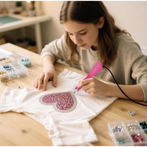 Hotfix Rhinestones Applicator Kit with 4500 Crystals (White, AB, Multi-Color) Includes 19 Pattern Templates, Tweezers, Brush & Storage Bag for Clothes, Fabric, Jeans (Pink)