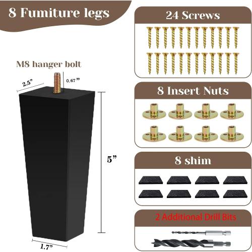Sofa Legs Square Bed Feet 5 inch Wood Replacement Leg for Furniture Set of 8,Black (5”, 8set)