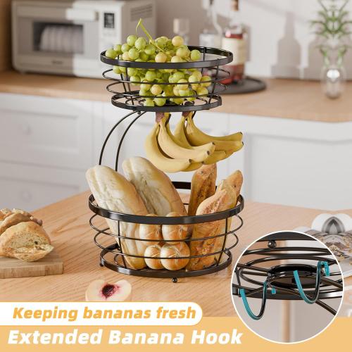 Simple Trending 2 Tier Fruit Basket Bowl for Kitchen Counter, Metal Wire Stackable Vegetable Storage, Black