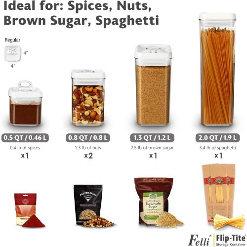 Felli Flip Tite Storage Container with Lid 4 Airtight Ring Seal Top, Stackable Acrylic Canister Jar Set for Kitchen Pantry Organizer, Food Spice Pasta Snack (5pk, Variety)