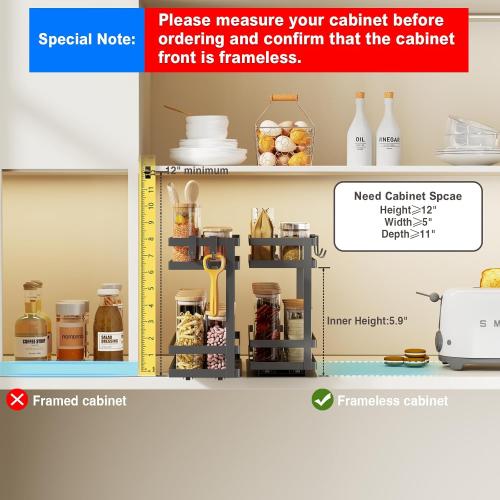 Pull Out Spice Rack Organizer for Cabinet, 2 Pack Metal Seasoning Organizer Slide Out Spice Storage Shelf No Assembly Vertical Spice Rack Pullout for Kitchen & Bahthroom No Drill(2 Tier,Black)