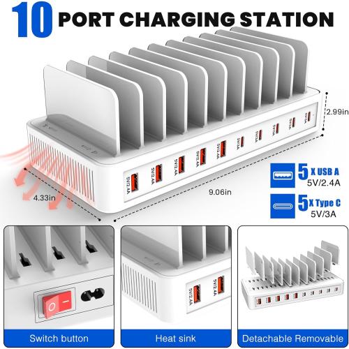 Charging Station for Multiple Devices, 100W 10 Ports Charging Dock with 10 Cables Smart IC Tech and Adjustable Dividers Type-C，Multi USB Charger for iPhone Galaxy iPad Tablet，White