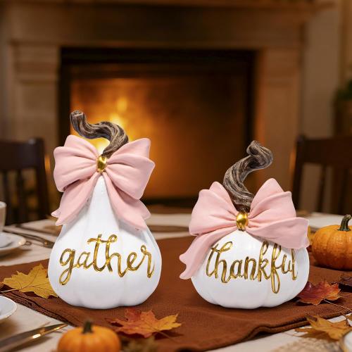 Hodao Thanksgiving White Pumpkin Decorations – Hand-Painted Resin Figurine Set with Pink Bow, Fall Harvest Autumn Ornaments, Gift for Mantel, Dining Table, Tiered Tray, Seasonal Home Décor