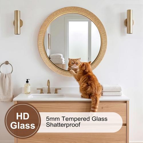 26x26 inch Large Round Rattan Mirror for Wall, Boho Decorative Wicker Mirror Waterproof Synthetic Rattan Frame, for Bathroom, Bedroom, Living Room, Entryway