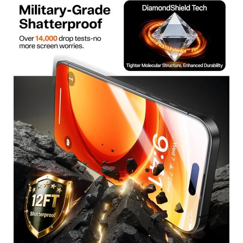 TORRAS Unbreakable for iPhone 17 Pro Screen Protector, 9H  Military-Grade,12 FT Shatterproof, Aerospace Tempered Glass 2 Pack - Full Coverage, Anti-Scratch, Bubble-Free, Easy Installation,6.3 inch