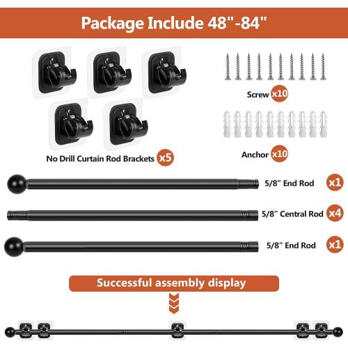 Adhesive Curtain Rod No Drilling for Renter 48 to 84 Inch Adjustable, Black | Easy Tool-Free Installation, No Drill, Non Screw, Stick on Apartment Friendly Poles with Screwless Bracket Holder Hook, Black