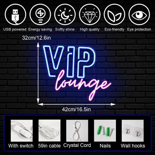 Horseneon VIP Lounge Neon Signs for Wall Decor, VIP Neon Lights Signs for Room Decor, Led Light Up Sign with USB Powered for Bar, Hotel, Cafe, VIP Room, Home Decoration (Blue&Pink)