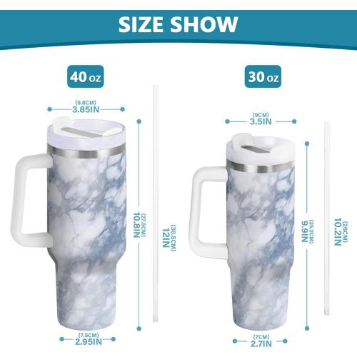 xigua 40 oz White Marble Tumbler with Handle and Straw Lid, Stainless Steel Vacuum Insulated Sports Water Bottle, Keeps Cold or Hot Coffee Cup Travel Mug