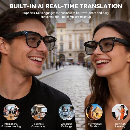 AI Smart Glasses with Camera, 1080P EIS Video, Bluetooth Music