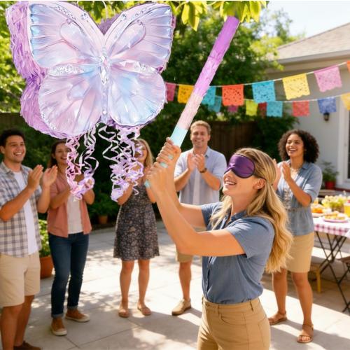 Butterfly Pinata Set - Purple Crystal Butterfly Pull String Piñata with Blindfold, Bat, Confetti for Birthday Fairy Party Decorations (16.1'')