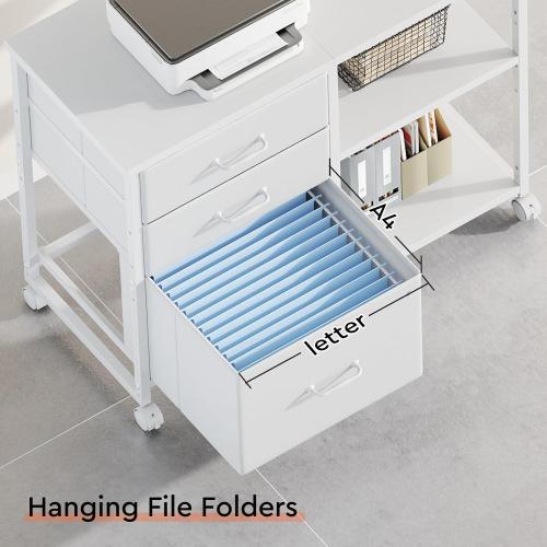 3 Drawer File Cabinet with Wheels Rolling Printer Stand with Open Storage Shelf Fabric Lateral Filing Cabinet for Home Office,White