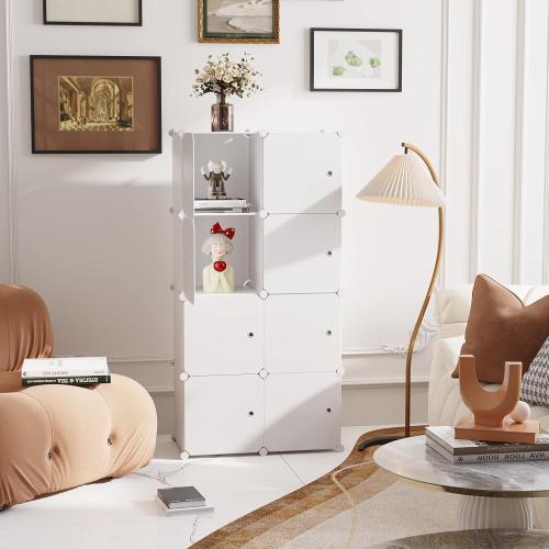 C&AHOME Cube Storage Organizer with Doors, 8-Cube Shelf, Closet Cabinet, DIY Plastic Modular Bookshelf, Storage Shelves Ideal for Bedroom,Living Room,24.8 L × 12.4 W × 48.4 H Milky UGSHS3008M