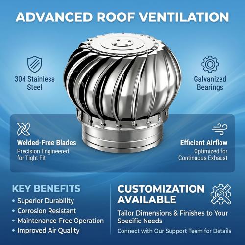 Stainless Steel Turbine Roof Ventilator, 304 Grade Metal Wind Turbine Cap, 11.8 Inch Attic Exhaust Vent, Rainproof Silent Operation (300mm (11.8 inches))